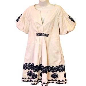 Anthropologie Orla Cream/Black Embroidered Puff Sleeve Boho Mini Dress,Size 10